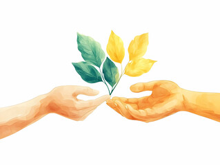 Canvas Print - Flat Floating Hands Passing Leaf Mid-Air Close-Up Exchange Symbolizing Compromise Transfer Responsibility ESG Growth Vector Illustration