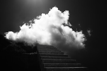 Poster - A dreamlike scene of stair steps disappearing into a large cloud, conveying a sense of endless possibilities and exploration in a surreal yet serene atmosphere.
