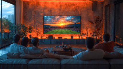 A group of friends sitting on a cozy couch watching a soccer game on a large TV with a glowing sunset scene, creating a relaxed home environment