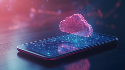 Leinwandbilder - Futuristic smartphone with digital cloud hovering above, signifying computing and data storage