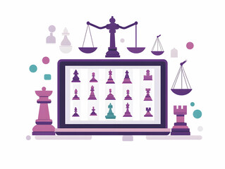 Wall Mural - Flat Tablet Displaying Holographic Scales Chess King Icons White Background High Angle Modern Minimalist Concept Copy Space Leadership Responsibility Smart Business Vector Illustration