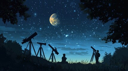 under a starry night sky, two stargazers explore the wonders of the universe with telescopes in a tr