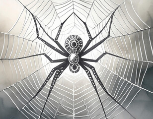 A metallic spider, designed intricately with watch parts, centered on a web made of thin white lines against a soft, almost glowing, white background-generated by ai
