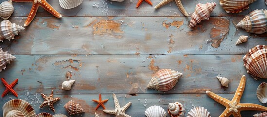 Wall Mural - Table background adorned with sea shells or starfish perfect for a summer theme featuring copy space image for text insertion