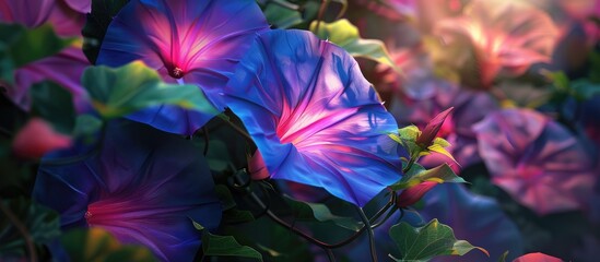 Canvas Print - Close up image showing vibrant Morning Glory flowers blooming on a vine with detailed focus on the bright purple and pink petals accentuating the flower s beauty. Copy space image