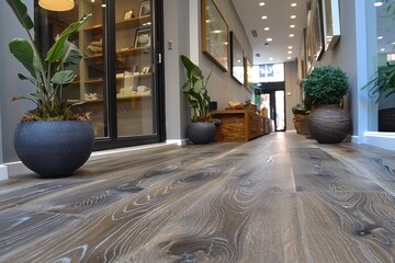 Poster - Wooden Floor with Plant and Furniture in a Modern Interior