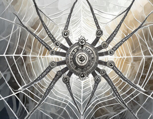 A metallic spider, designed intricately with watch parts, centered on a web made of thin white lines against a soft, almost glowing, white background-generated by ai