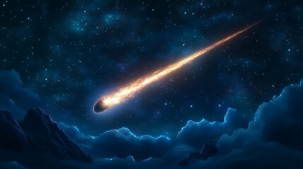 Wall Mural - A comet is shooting through the sky, leaving a trail of light behind it. The image has a dreamy, ethereal quality, with the comet appearing to be a shooting star