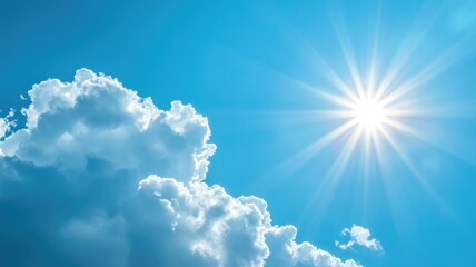 Wall Mural - bright sun shining through fluffy clouds in clear blue sky