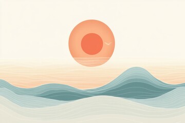 Sticker - A calming sun rises gently above clean, smooth waves, creating a peaceful atmosphere ideal for beach relaxation and rejuvenation. Generative AI