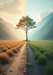 lonely tree dividing two different worlds with green grass and dry grass