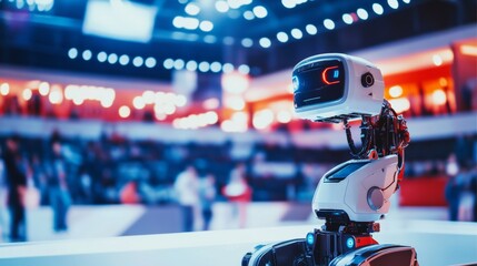 Aufkleber - A robot participating in a dynamic robotics competition in a modern arena with spectators, vibrant and competitive setting, Robotics style