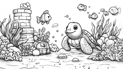 Poster - Cute black and white handdrawn coloring page for kids showcasing an underwater world with friendly fish sea turtles and treasure chests offering an oceanic adventure to color