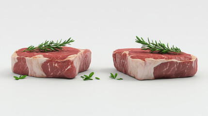 Fresh steak meat with herbs on white background, showcasing marbling and texture of cuts. Perfect for culinary presentations or food related projects