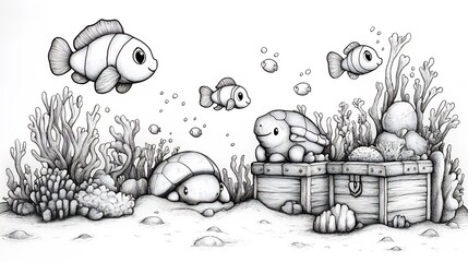 Poster - Cute black and white handdrawn coloring page for kids showcasing an underwater world with friendly fish sea turtles and treasure chests offering an oceanic adventure to color