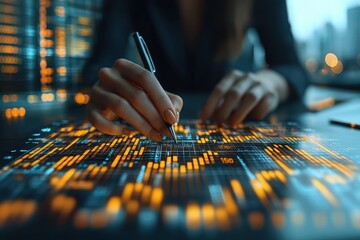Poster - Analyzing data trends with digital analytics tools in a modern office environment at dusk