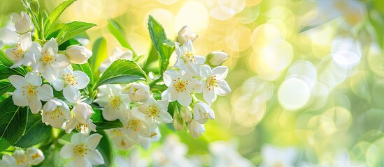 Wall Mural - Blooming jasmine bush in a sunny spring garden with many flowers on branches The Jasmine Philadelphus lewisii is captured with selective focus close up on a blurred green background in this nature ph