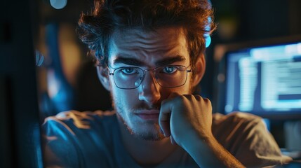 Working IT developer with stressful overworked in creating online software development coding on pc screen, thinking program for latest version application on website project at modern office. Gusher