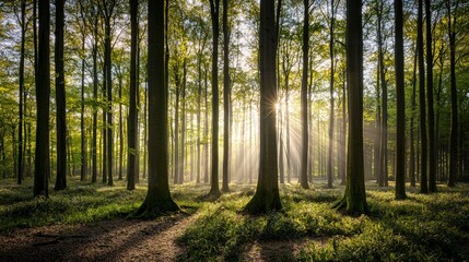  Sunbeams illuminate a dense forest floor with green foliage and morning mist.