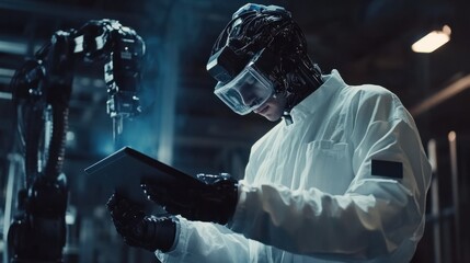 Poster - Young engineer with tablet PC examining robotic arm in industry
