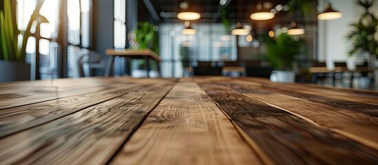 Sticker - Wooden table in modern office setting with blurred background great for showcasing business products in a copy space image