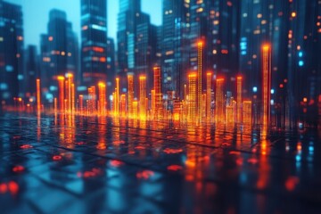 Poster - Dynamic city landscape with glowing data visualization at night showcasing urban innovation