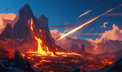 Wall Mural - Volcanic Eruption and Meteor in Alien Landscape