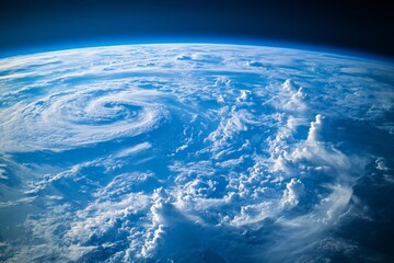 Poster - A satellite captures a stunning image of swirling clouds beneath the curvature of Earth, with a blue sky accentuating the vividness of this breathtaking vista.