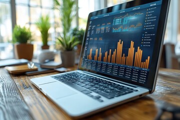 Poster - Data analysis on laptop screen showcasing financial trends in modern office setting