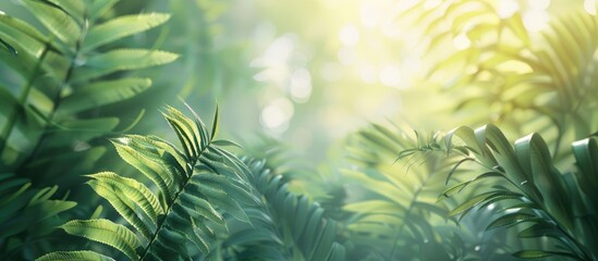 Abstract green botanical backdrop featuring fern leaves in a forest setting with copy space image