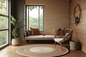 Poster - A serene living space featuring a rattan chair, woven rug, and large window, creating a natural and calming environment with neutral tones and greenery.