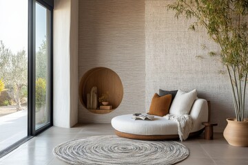 Poster - A contemporary minimalist room showcasing a round sofa and circular wall niche, with soft natural light enhancing the tranquil ambiance of the space.