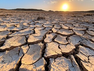 Dry Cracked Earth Under Setting Sun Landscape