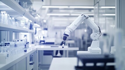 Aufkleber - A robot performing automated quality checks in a modern biotechnology lab with clean, organized testing stations and advanced quality control systems, Biotechnology tech style