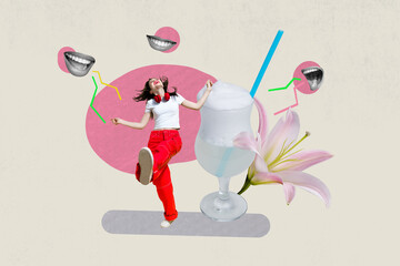 Composite photo collage of happy girl dance alcohol foam cocktail straw beverage mouth laugh nightclub isolated on painted background