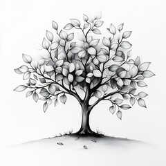 Poster - Cute handdrawn black and white drawing of a tree with leaves and branches on a white background perfect for kids to color and connect with nature