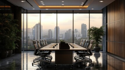 Poster - Contemporary meeting room with large windows and sleek furniture, offering copy space
