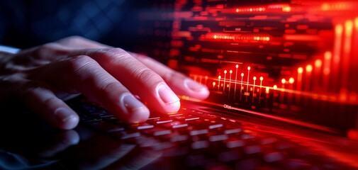 Poster - A close-up of a hand typing on a laptop keyboard with red digital graphics in the background, symbolizing technology and data analysis.