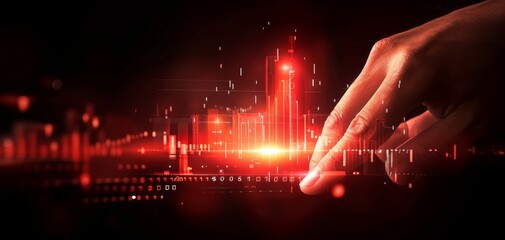 Poster - A hand interacts with digital data visualizations, showcasing the fusion of technology and human touch through vibrant red light effects.