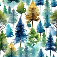 Watercolor seamless pattern of pine trees arranged in a row on a bright blue background.