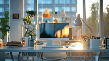 Poster - Contemporary office space with bright lighting and a clear desk for copy space
