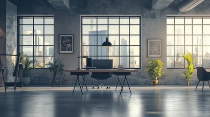 Poster - Contemporary office space with bright lighting and a clear desk for copy space
