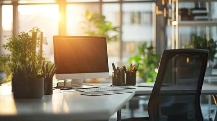 Poster - Contemporary office space with bright lighting and a clear desk for copy space
