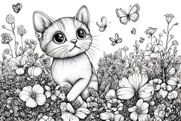 Poster - Cute handdrawn coloring page featuring a playful cat and butterflies floating in a garden designed for both kids and adults to enjoy detailed and whimsical patterns