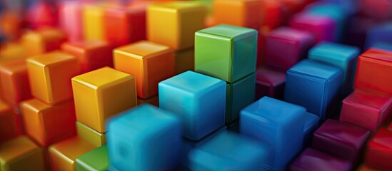 Colorful plastic building blocks neatly stacked in a box surrounded by a blurred background creating a harmonious copy space image