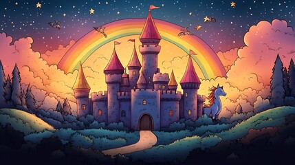 Poster - Cute handdrawn coloring page for kids depicting a magical castle with unicorns rainbows and friendly dragons offering a playful and imaginative world for young children to fill with vibrant colors