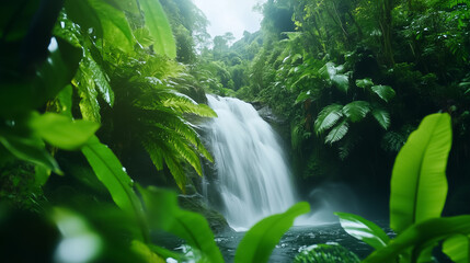 A peaceful waterfall flows into a calm pool, embraced by vibrant green foliage and dense jungle on a misty day