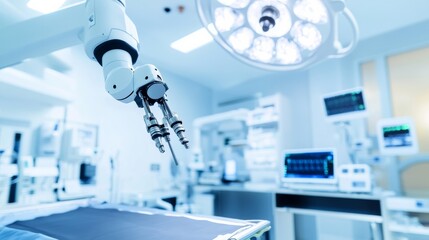 Poster - A robot performing automated surgical procedures in a high-tech medical surgery room with advanced robotic surgery tools, clean and sterile environment, Surgical-tech style