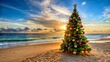 © Violetta - Christmas tree decorated with ornaments on sandy beach at sunset