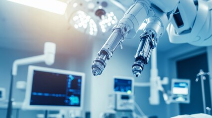 Poster - A robot performing automated surgical procedures in a high-tech medical surgery room with advanced robotic surgery tools, clean and sterile environment, Surgical-tech style